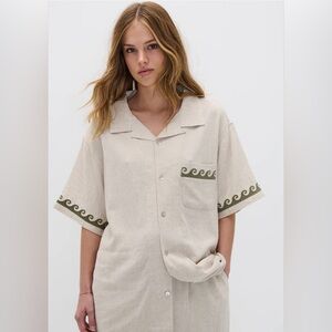 Oversized Linen blend Cream and Green Button Down shirt